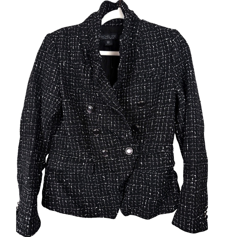 Rachel Zoe Black White Boucle Tweed Blazer L Double Breasted Tailored Jacket